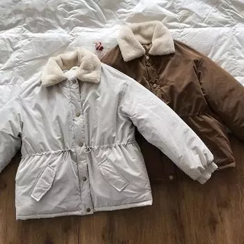 Женская зимняя пуховая хлопковая шикарная куртка, пальто, парка с коротким воротником из искусственного кроличьего меха, регулируемая талия, однобортная, однобортная, бежевого, коричневого цвета, ML L бежевый