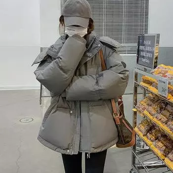 Женская зимняя пуховая куртка большого размера, теплое пальто, толстое пальто, женские свободные короткие парки с капюшоном S серый