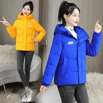 Женская зимняя пуховая куртка на хлопковой подкладке, новая свободная модная короткая теплая куртка с капюшоном S чёрный