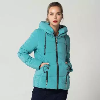 Женская зимняя пуховая куртка с хлопковой подкладкой, пальто с коротким воротником-стойкой с капюшоном, галстук с длинными рукавами, сплошной цвет, тонкий карман на молнии M синий