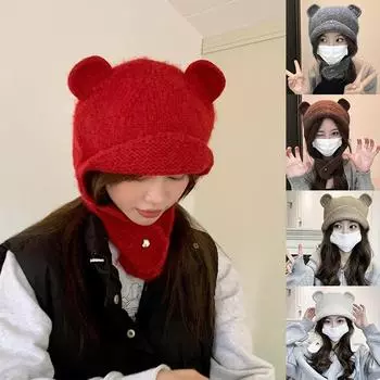 Женская зимняя японская симпатичная вязаная шапка-бомбер с ушками, круглая шапка с медвежьими ушками, защитные шапочки-бини серый