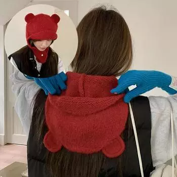 Женская зимняя японская симпатичная вязаная шапка-бомбер с ушками, круглая шапка с медвежьими ушками, защитные шапочки-бини серый