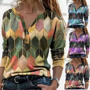 Женская зимняя рубашка на пуговицах с длинным рукавом и v-образным вырезом, модная повседневная рубашка с принтом, топ L синий