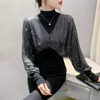 Женская зимняя рубашка с полуводолазкой, новый поддельный двухкомпонентный топ, внутри в иностранном стиле с футболкой с длинными рукавами S
