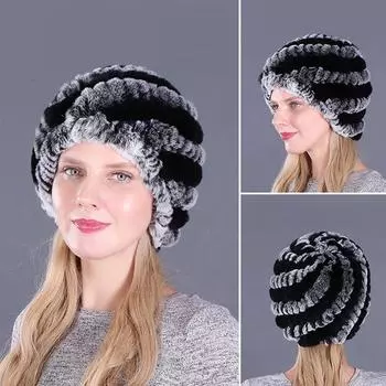Женская зимняя русская мягкая утепленная теплая легкая шапка-бини из искусственного меха в полоску вязаная шапка-чепец