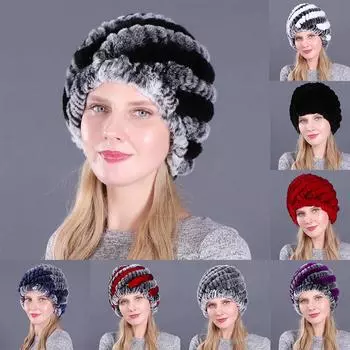 Женская зимняя русская мягкая утепленная теплая легкая шапка-бини из искусственного меха в полоску вязаная шапка-чепец
