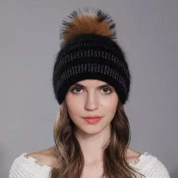 Женская зимняя серебряная нить, универсальная кроличья шерсть, мех енота, вязаный теплый пуловер, шапка OneSize чёрный