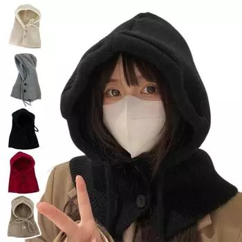 Женская зимняя шапка-балаклава, толстая теплая трикотажная застежка на пуговицы, ветрозащитный велосипедный головной убор чёрный