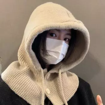 Женская зимняя шапка-балаклава, толстая теплая вязаная застежка на пуговицы, ветрозащитная, велосипедная, регулируемая, полная защита, для путешествий на открытом воздухе, для катания на лыжах в холодную погоду чёрный