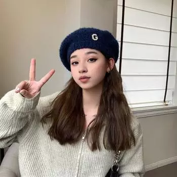 Женская зимняя шапка-бини со стразами и буквами, декорированная в японском стиле, эластичный берет, нескользящий, сохраняющий тепло чёрный