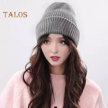 Женская зимняя шапка-бини, вязаная, толстая, с отворотами, однотонная, эластичная, для защиты ушей, ветрозащитная, теплая, для холодной погоды, головной убор чёрный