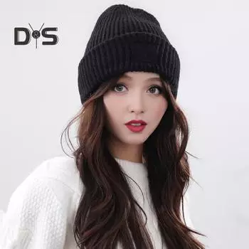 Женская зимняя шапка-бини, вязаная, толстая, с отворотами, однотонная, эластичная, для защиты ушей, ветрозащитная, теплая, для холодной погоды, головной убор чёрный