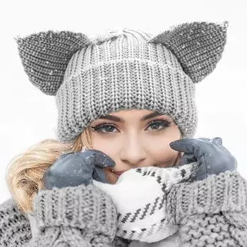 Женская зимняя шапка Demon Ear утолщенная вязаная эластичная противоскользящая моющаяся шапочка для холодной погоды синий