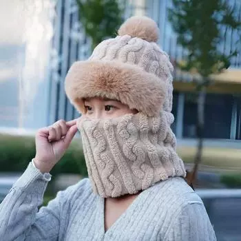 Женская зимняя шапка и шарф из бархата 2024 года: Утолщенный, ветрозащитный, теплый велосипедный свитер розовый