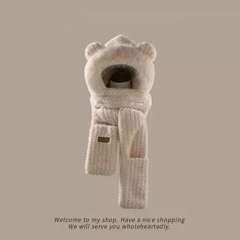 Женская зимняя шапка и шарф Plus Velvet 2023 года: Теплый, мягкий, универсальный, защищающий от холода аксессуар для езды на велосипеде на открытом воздухе. One Size покинуть белый