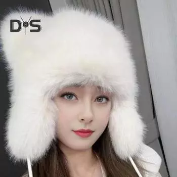 Женская зимняя шапка из искусственного меха с завязками на шнурке, декоративная шапка из енота, полная защита, ветрозащитный теплый головной убор для катания на лыжах, реквизит для фотосъемки чёрный