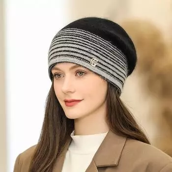 Женская зимняя шапка из кроличьего меха, теплая шапка-бини, женская повседневная уличная вязаная шапка с буквой G One Size чёрный