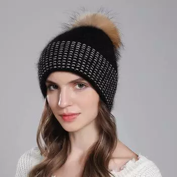 Женская зимняя шапка из меха енота, вязаная теплая шерстяная шапка из кроличьей шерсти OneSize чёрный