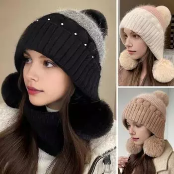 Женская зимняя шапка из плотной вязки с плюшевым декором в виде мяча, ветрозащитная, сохраняющая тепло, защита ушей, эластичная мешковатая кепка для улицы, школы, поездок на работу, шапочка-бини чёрный