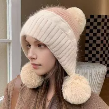 Женская зимняя шапка из плотной вязки с плюшевым декором в виде мяча, ветрозащитная, сохраняющая тепло, защита ушей, эластичная мешковатая кепка для улицы, школы, поездок на работу, шапочка-бини хаки