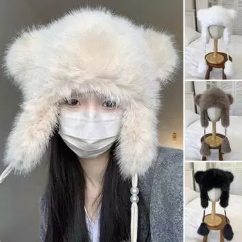 Женская зимняя шапка из толстого плюша с декором для ушей, двухслойная утолщенная однотонная плюшевая шапка с декором в виде мяча, защищающая уши от ветра для катания на лыжах и сноуборде серый/коричневый