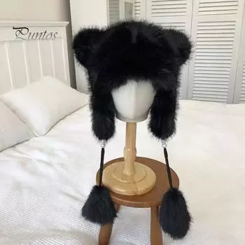 Женская зимняя шапка из толстого плюша с декором для ушей, двухслойная утолщенная однотонная плюшевая шапка с декором в виде мяча, защищающая уши от ветра для катания на лыжах и сноуборде белый