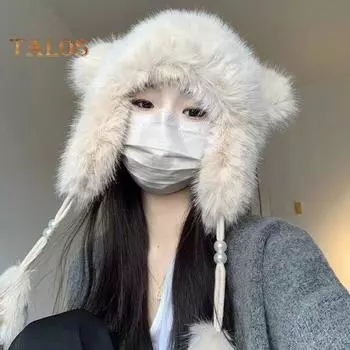 Женская зимняя шапка из толстого плюша с декором для ушей, двухслойная утолщенная однотонная плюшевая шапка с декором в виде мяча, защищающая уши от ветра для катания на лыжах и сноуборде бежевый