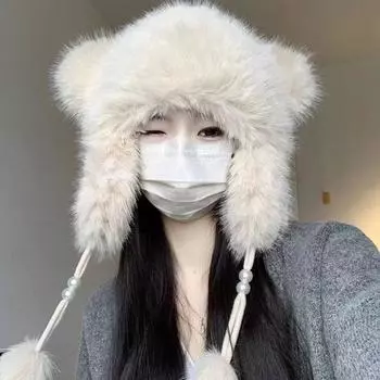 Женская зимняя шапка из толстого плюша с декором для ушей, двухслойная утолщенная однотонная плюшевая шапка с декором в виде мяча, защищающая уши от ветра для катания на лыжах и сноуборде