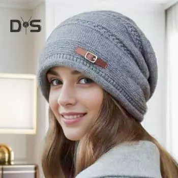 Женская зимняя шапка из толстой вязки, ветрозащитная, с плюшевой подкладкой, сохраняющая тепло, защита ушей, эластичная мешковатая кепка для улицы, школы, поездок на работу, шапочка-бини чёрный