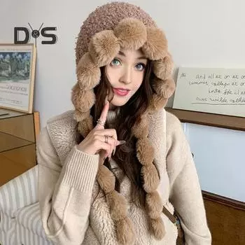 Женская зимняя шапка из утолщенного плюша с подкладкой из шнуровки и декором в виде мяча, кепка LEi Feng, полная защита, ветрозащитный теплый головной убор для катания на лыжах, реквизит для фотосъемки хаки