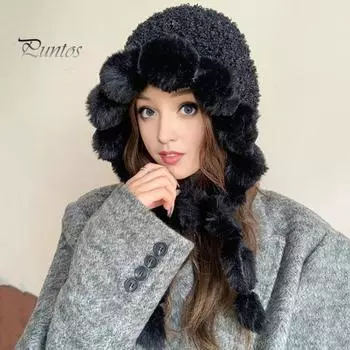 Женская зимняя шапка из утолщенного плюша с подкладкой из шнуровки и декором в виде мяча, кепка LEi Feng, полная защита, ветрозащитный теплый головной убор для катания на лыжах, реквизит для фотосъемки бежевый