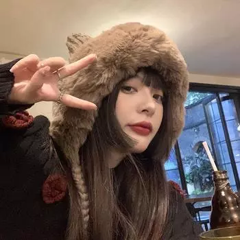 Женская зимняя шапка Kawaii, модные однотонные шапочки, теплая шапка с милыми кошачьими ушками и помпонами, шапка-ушанка из овечьей шерсти, женская шапка 54-58cm белый