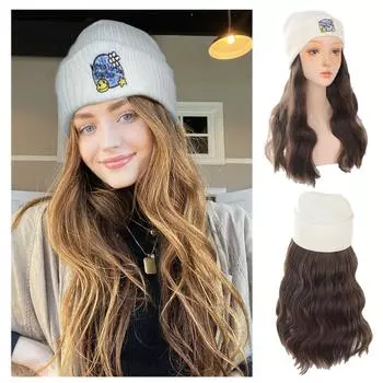Женская зимняя шапка, парик, длинные волнистые вьющиеся волосы, теплая вязаная шапка, парик
