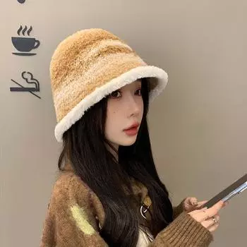 Женская зимняя шапка рыбака вязаная мягкая толстая плюшевая купольная складная моющаяся ветрозащитная теплая нескользящая цветная кепка-ведро One Size