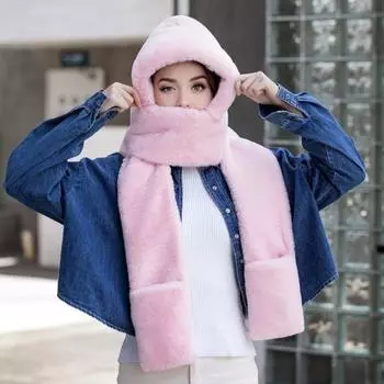 Женская зимняя шапка с интегрированным шарфом и перчатками, толстый теплый искусственный мех, однотонный розовый