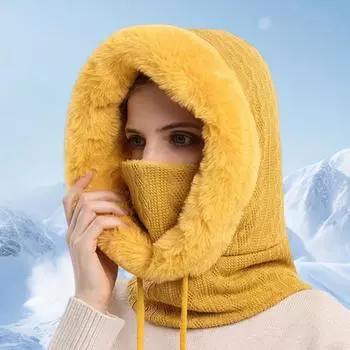 Женская зимняя шапка с интегрированным шарфом, толстая, теплая, из искусственного меха, вязаная, ветрозащитная, высокая темно-розовый