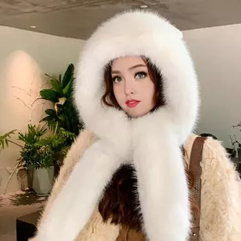 Женская зимняя шапка с интегрированным шарфом, толстый теплый искусственный мех, большой бант, декор хаки