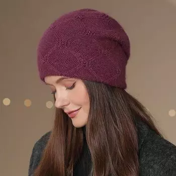Женская зимняя шапка с кроличьим мехом, модная декоративная шапка-бини, теплая зимняя шапка для женщин, повседневная уличная вязаная шапка 55cm-58cm