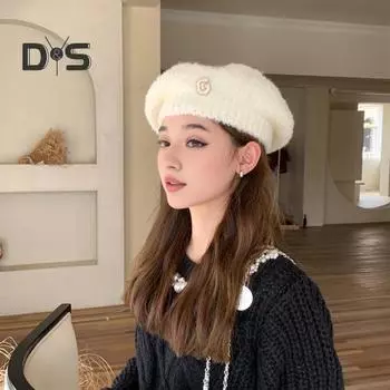 Женская зимняя шапка с надписью и стразами в японском стиле, эластичный берет, нескользящая, сохраняющая тепло, вязаная шапка, однотонная шапка художника кофейный