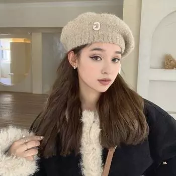 Женская зимняя шапка с надписью и стразами в японском стиле, эластичный берет, нескользящая, сохраняющая тепло, вязаная шапка, однотонная шапка художника кофейный