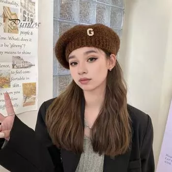 Женская зимняя шапка с надписью и стразами в японском стиле, эластичный берет, нескользящая, сохраняющая тепло, вязаная шапка, однотонная шапка художника белый