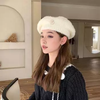 Женская зимняя шапка с надписью и стразами в японском стиле, эластичный берет, нескользящая, сохраняющая тепло, вязаная шапка, однотонная шапка художника синий