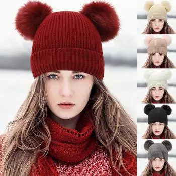 Женская зимняя шапка с помпоном и теплой флисовой подкладкой, толстая снежная вязаная лыжная шапка с напуском бежевый