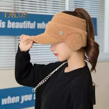 Женская зимняя шапка с пустым верхом, защита ушей, короткие поля, толстая плюшевая вязаная кепка с козырьком, украшение в виде букв со стразами, эластичный повседневный головной убор чёрный