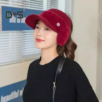 Женская зимняя шапка с пустым верхом, защита ушей, короткие поля, толстая плюшевая вязаная кепка с козырьком, украшение в виде букв со стразами, эластичный повседневный головной убор чёрный