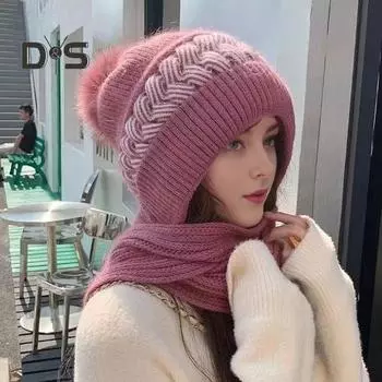 Женская зимняя шапка с шарфом, толстая, теплая, плюшевая, ветрозащитная, велосипедная, головной убор, контрастного цвета, эластичная, полностью защищающая, для путешествий на открытом воздухе, для холодной погоды, для катания на лыжах серый