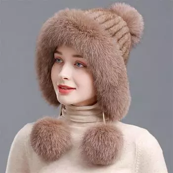 Женская зимняя шапка с шариком из натурального лисьего меха, хит продаж 2022 года, зимняя шапка из норки, женская модная теплая шапка-бини, женский капюшон для взрослых One Size коричневый