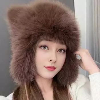 Женская зимняя шапка с толстым искусственным мехом, украшением в виде ушка и хвоста из мультфильма «Енот»