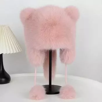 Женская зимняя шапка с толстым искусственным мехом, украшением в виде ушей и хвоста в виде мультяшного енота, однотонная, ветрозащитная шапка Lei Feng для катания на лыжах, сноуборде, пешего туризма белый