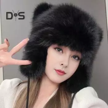 Женская зимняя шапка с толстым искусственным мехом, украшением в виде ушей и хвоста в виде мультяшного енота, однотонная, ветрозащитная шапка Lei Feng для катания на лыжах, сноуборде, пешего туризма кофейный